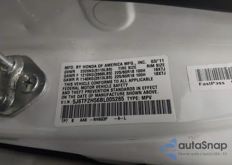 2011 Honda Accord Crosstour Ex-L from USA, damaged, VIN 5J6TF2H56BL005285